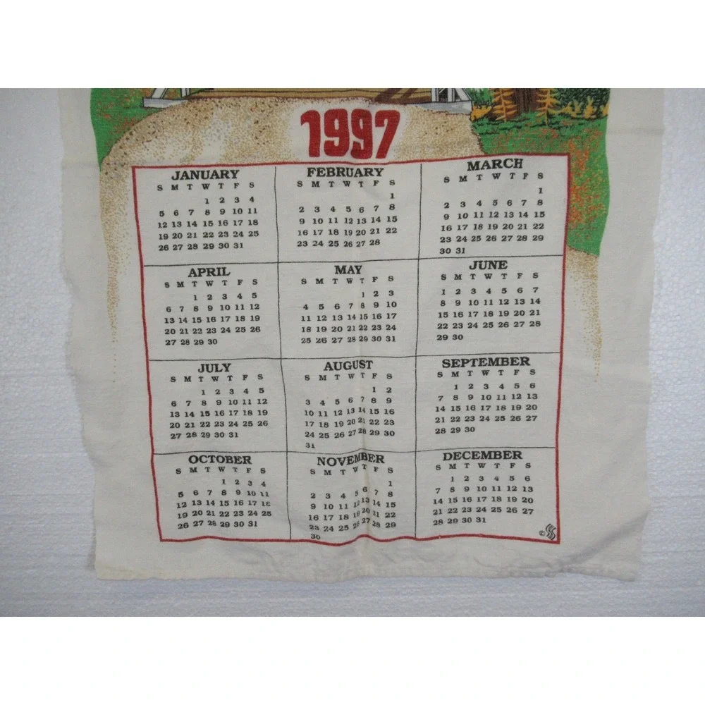 Vintage 1997 Calendar Covered Bridge Print Tea Towel 90s Cotton